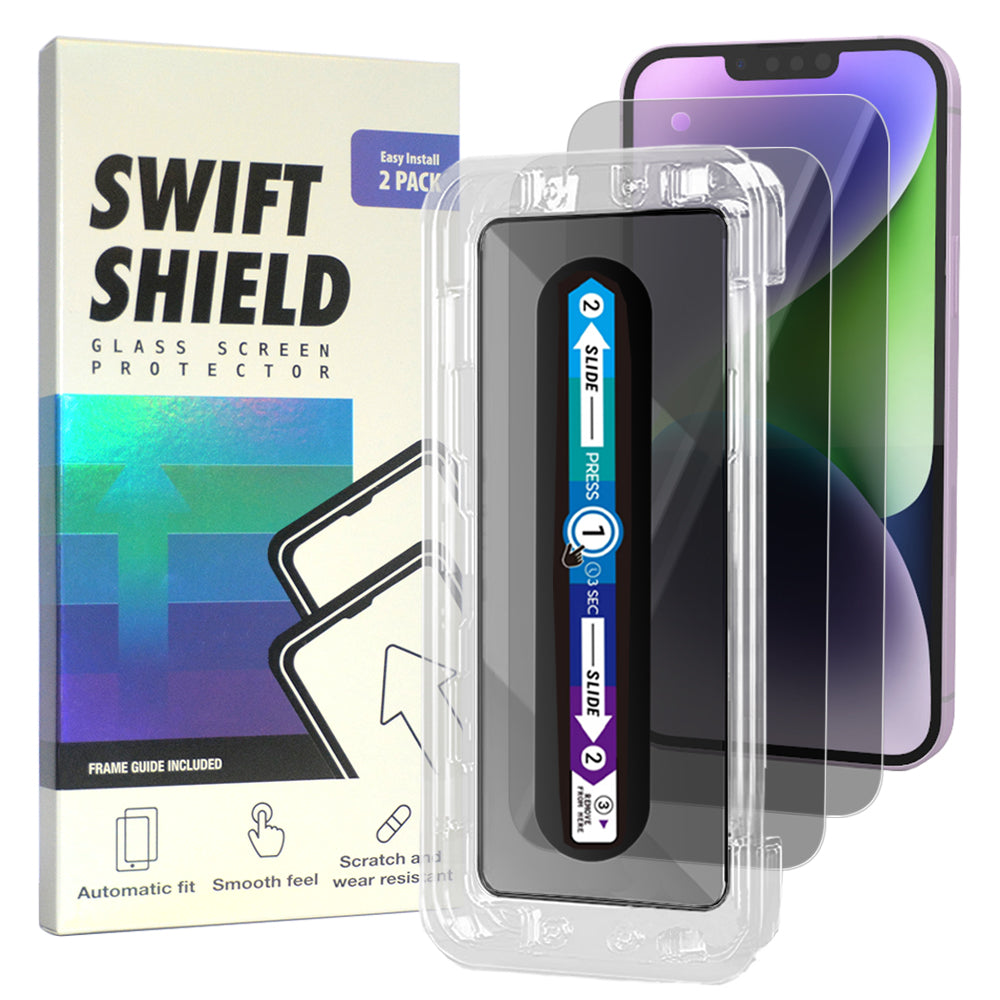 iPhone 14 Plus Tempered Glass Screen Protector [2-Pack] with Easy Alignment Frame – Privacy, Premium by SwiftShield